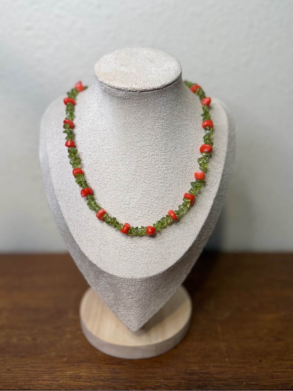 Handmade Green Peridot and Red Coral Beaded Necklace